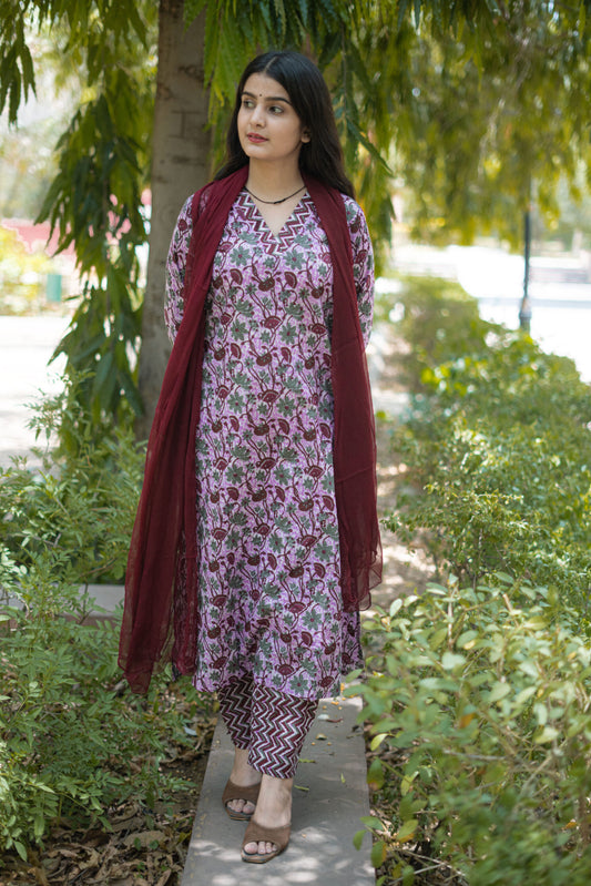 PURPLE BOOTA CHIFFON SUIT SET