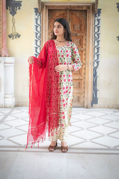 CREAM PINK KANTHA SUIT SET