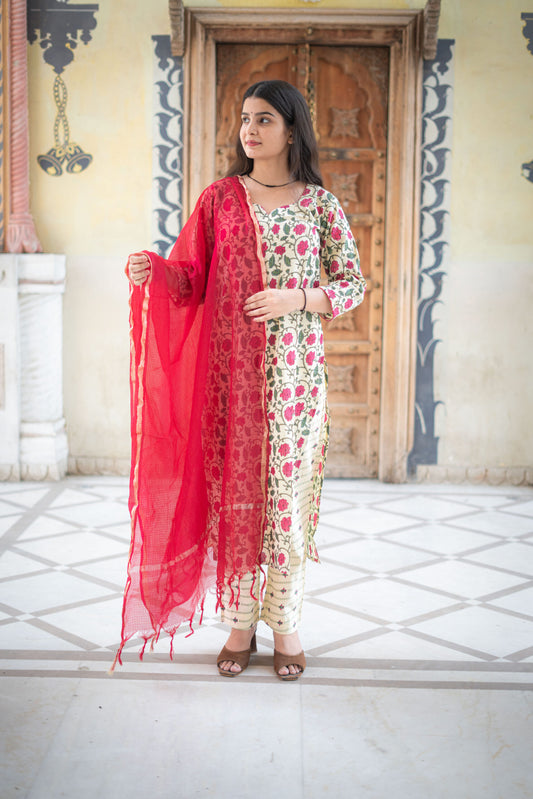 CREAM PINK KANTHA SUIT SET