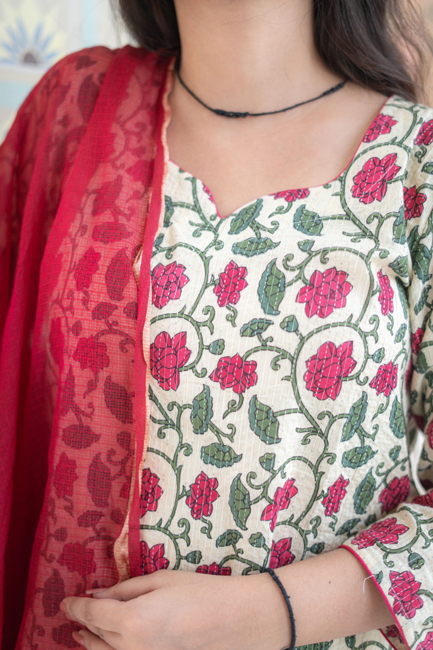 CREAM PINK KANTHA SUIT SET