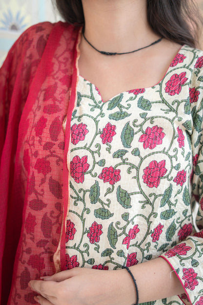 CREAM PINK KANTHA SUIT SET