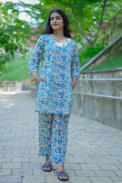 CREAM BLUE FLORAL CO-ORD SET