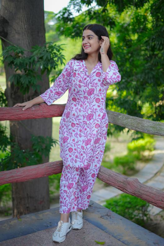 CREAM PINK JAAL CO-ORD SET