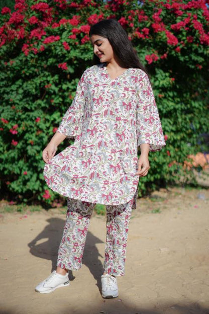 CREAM RED JAAL CO-ORD SET