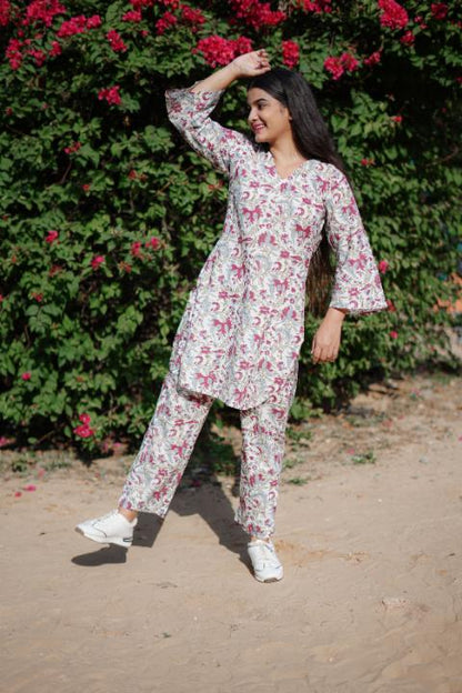 CREAM RED JAAL CO-ORD SET