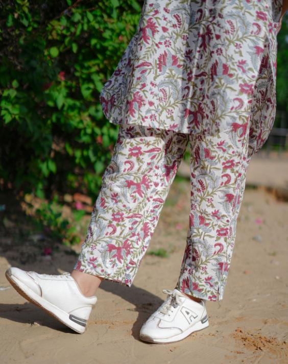 CREAM RED JAAL CO-ORD SET