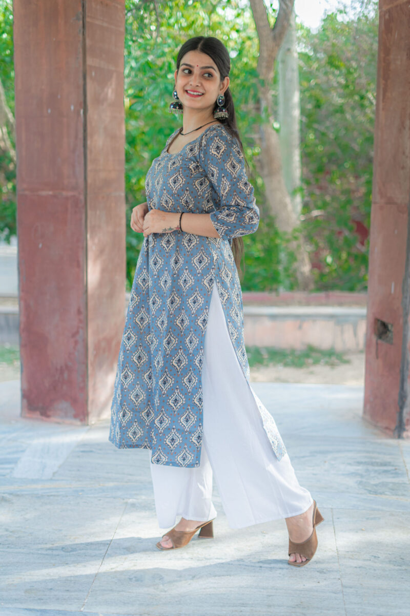 LIGHT BLUE GREY AJRAK KURTA