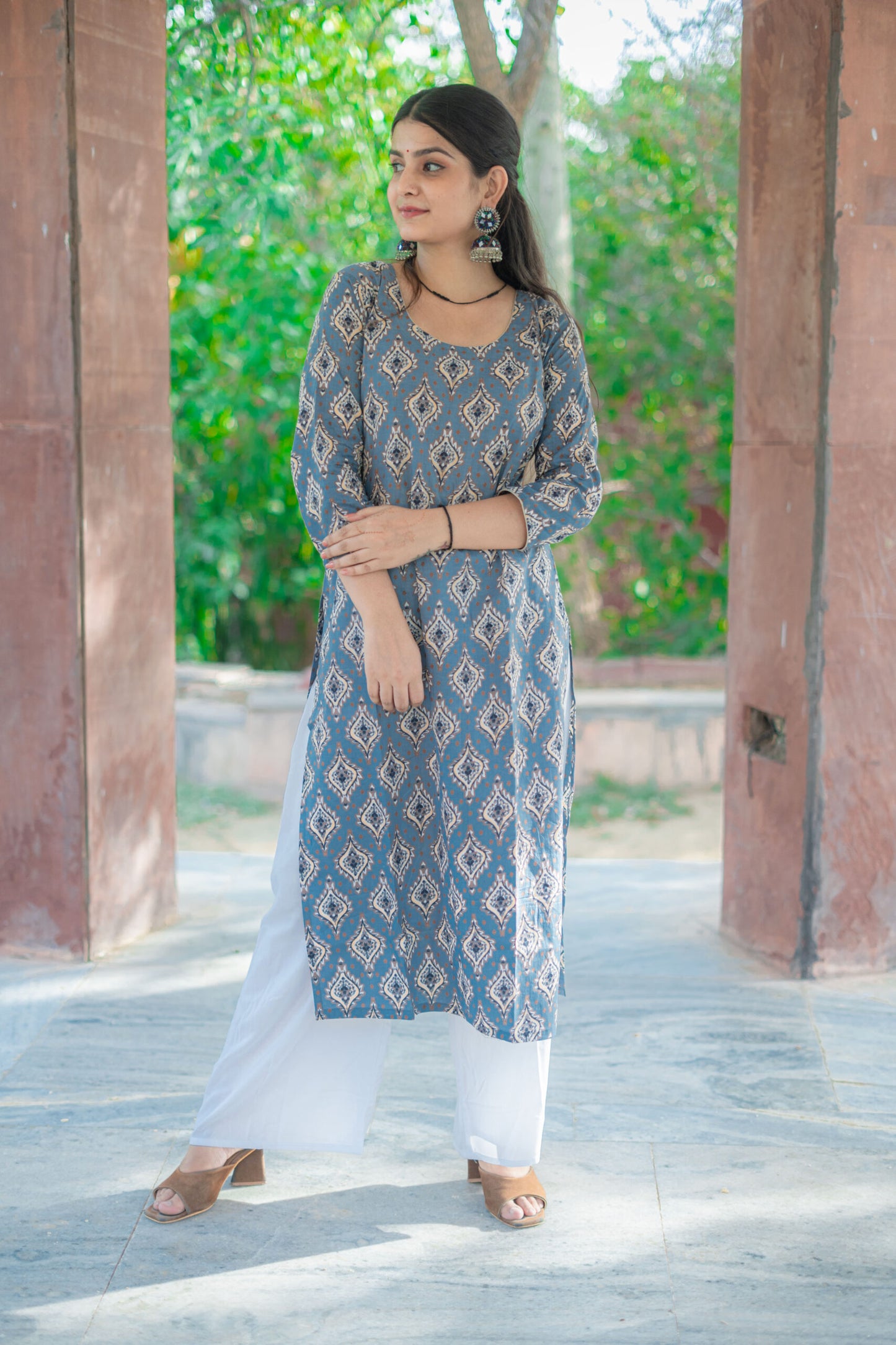 LIGHT BLUE GREY AJRAK KURTA