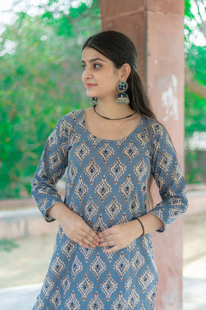 LIGHT BLUE GREY AJRAK KURTA
