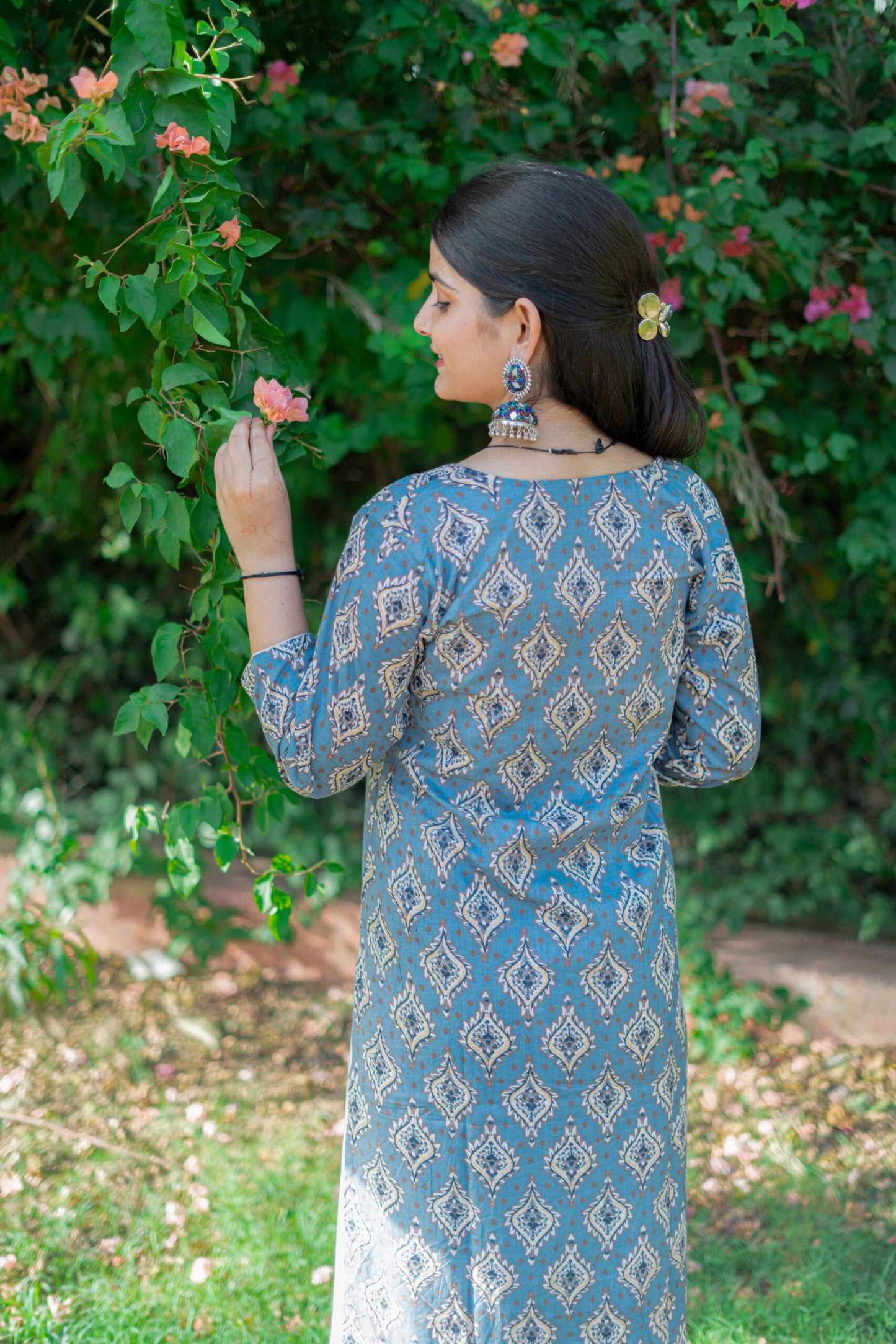 LIGHT BLUE GREY AJRAK KURTA