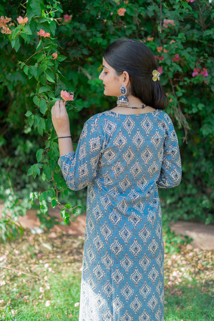 LIGHT BLUE GREY AJRAK KURTA