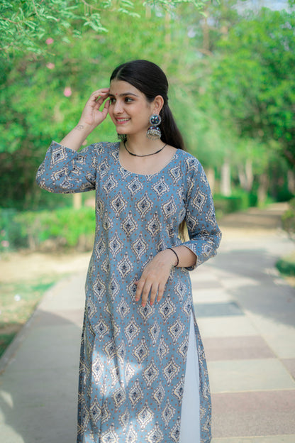 LIGHT BLUE GREY AJRAK KURTA