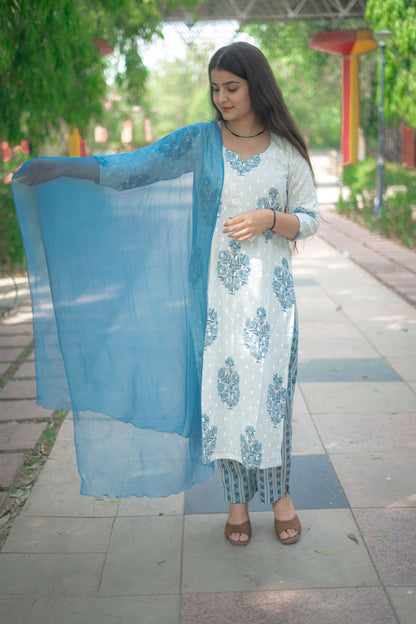 WHITE BLUE FLORAL STRAIGHT SUIT SET