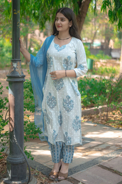 WHITE BLUE FLORAL STRAIGHT SUIT SET